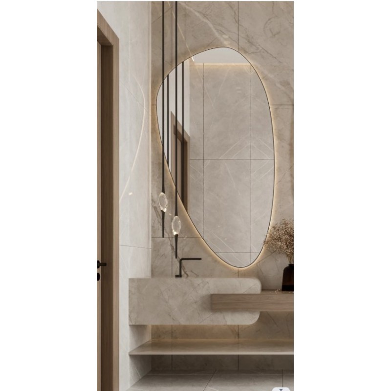 Asimetrično LED ogledalo z alu okvirjem v brushed gold barvi BigAlmond®