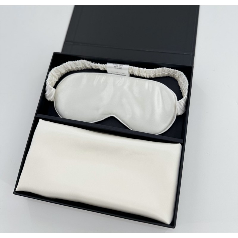 Komplet svilena prevleka za vzglavnik in spalna maska za oči bela ivory