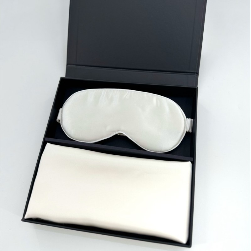 Komplet svilena prevleka za vzglavnik in spalna maska za oči bela ivory