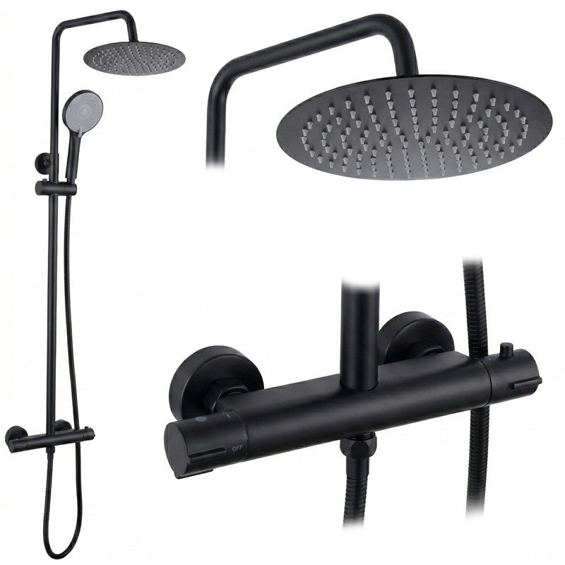 Termostatski set za prhanje LUNGO BLACK z izlivom 